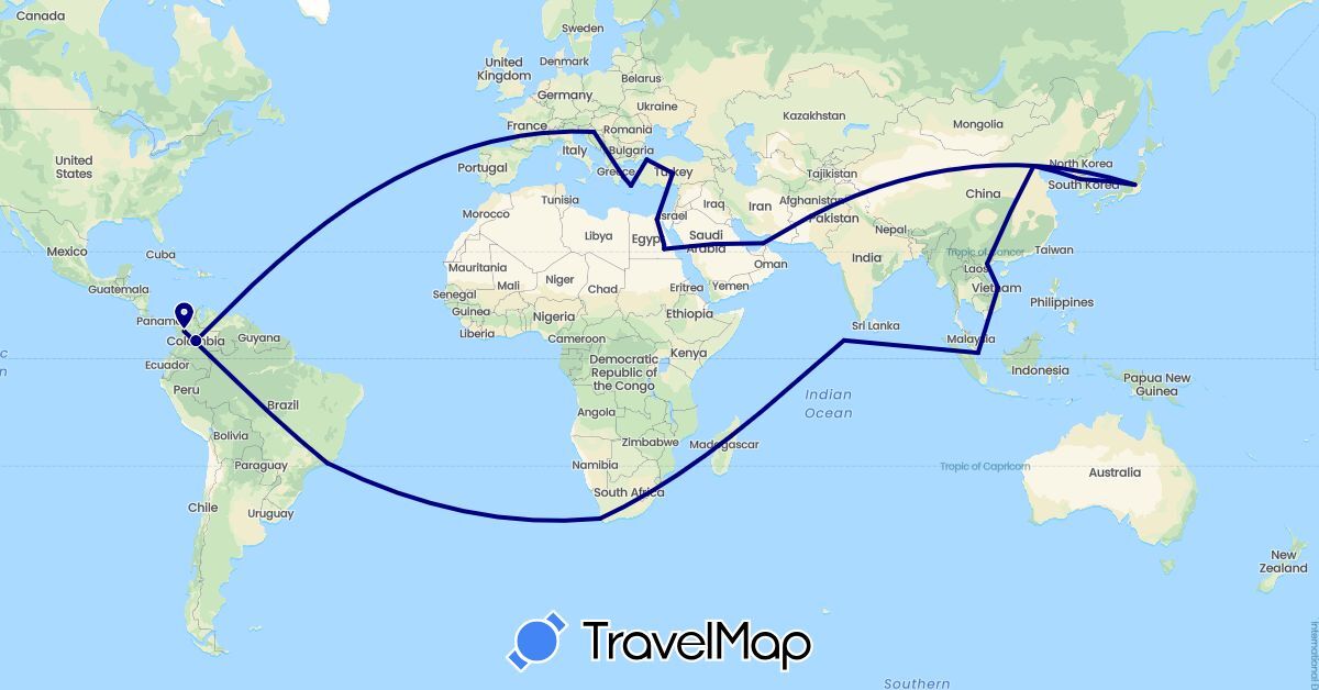 TravelMap itinerary: driving in United Arab Emirates, Brazil, China, Colombia, Egypt, Greece, South Korea, Maldives, Singapore, Turkey, Vietnam, South Africa (Africa, Asia, Europe, South America)